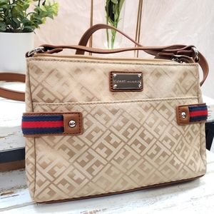 Tommy Hilfiger Small Crossbody Zip Purse Cream/Tan Geometric Pattern Blue Liner
